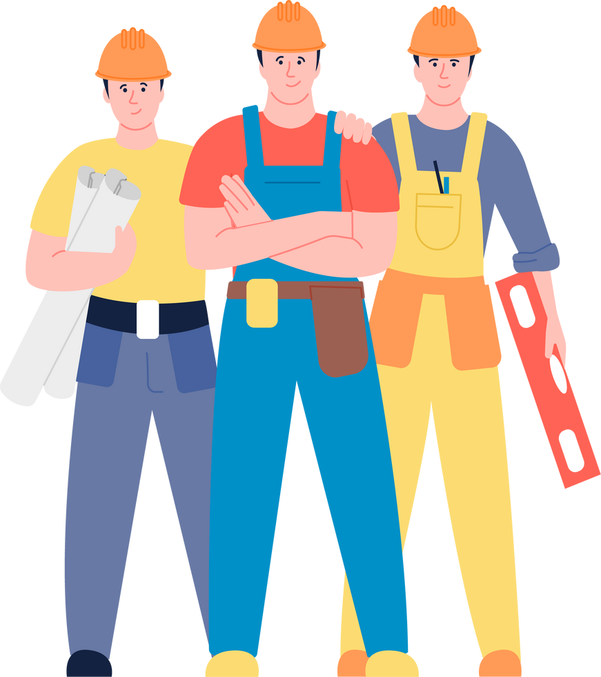 Construction workers team. Engineer and contractor male characters